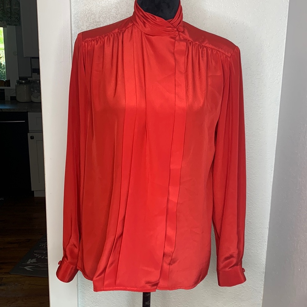 Alexandria red long sleeve button up blouse shoulder pads vintage